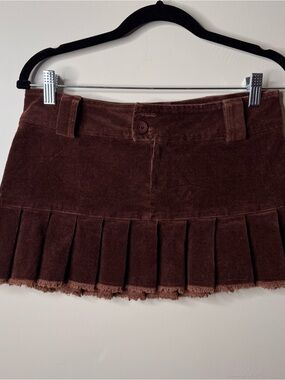 Brown Corduroy Pleated Mini Skirt